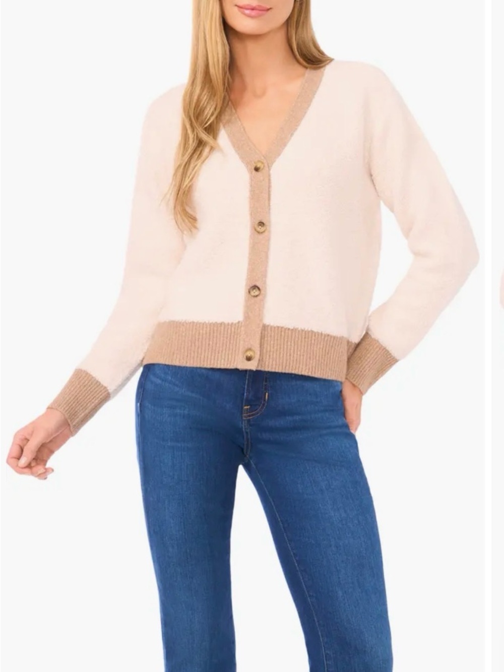 Halogen loop stitch Cream V-Neck Button Cardigan with Tan Trim *Flaw